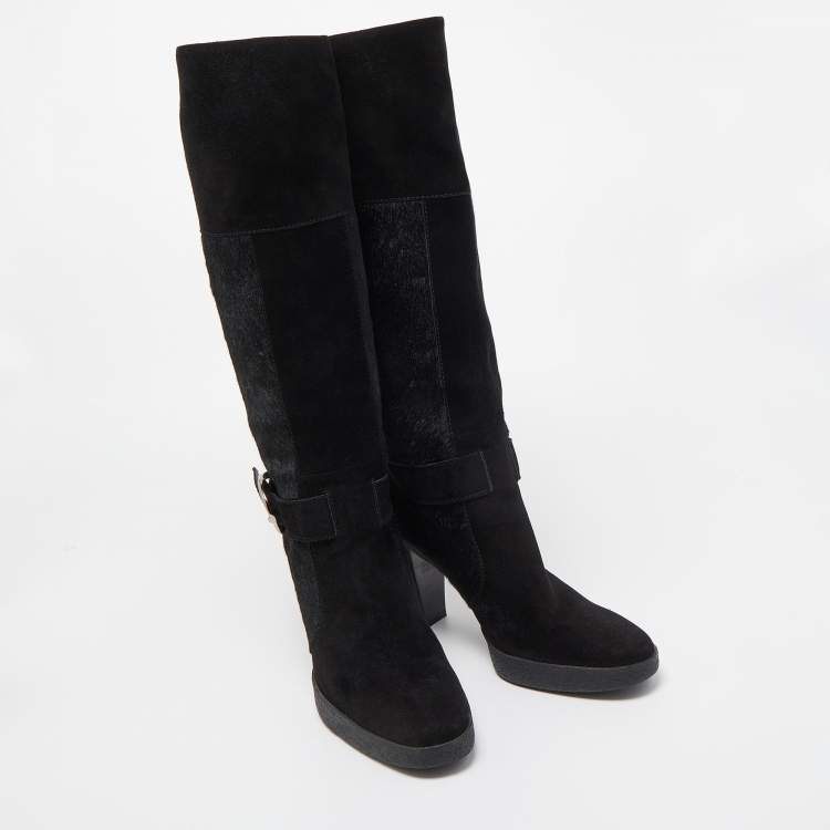 Pre Owned Tod's Black Suede and Calf Hair Knee High Boots Size 40