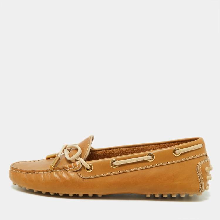 Pre Owned Tod's Beige Leather Bow Loafers Size 35.5