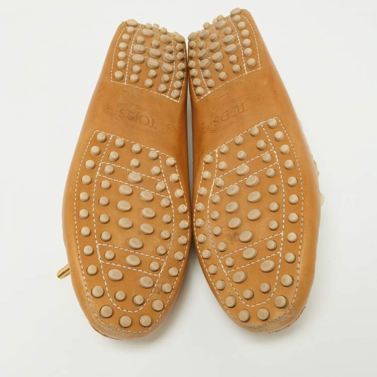 Pre Owned Tod's Beige Leather Bow Loafers Size 35.5
