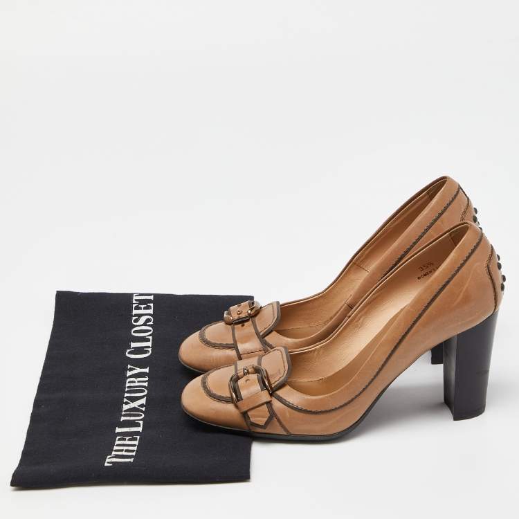 Pre Owned Tod's Brown Leather Buckled Loafer Pumps Size 35.5