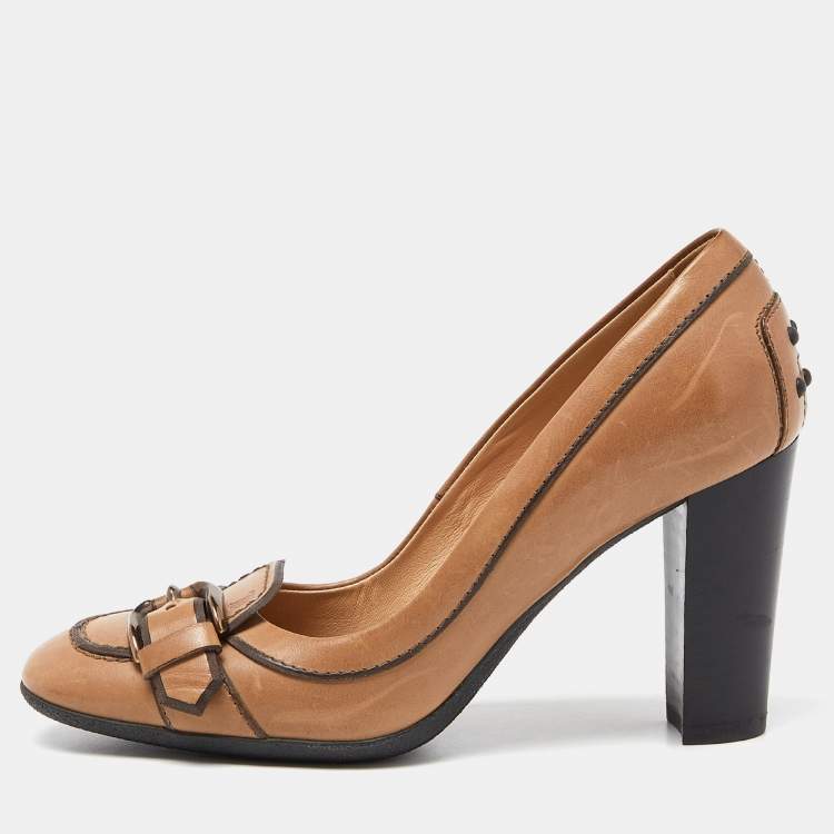 Pre Owned Tod's Brown Leather Buckled Loafer Pumps Size 35.5