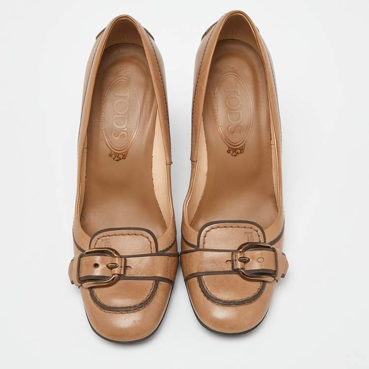 Pre Owned Tod's Brown Leather Buckled Loafer Pumps Size 35.5