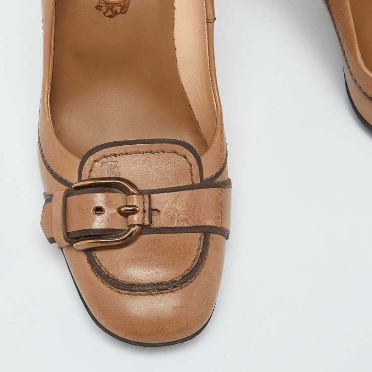 Pre Owned Tod's Brown Leather Buckled Loafer Pumps Size 35.5