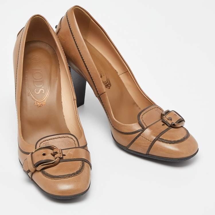 Pre Owned Tod's Brown Leather Buckled Loafer Pumps Size 35.5