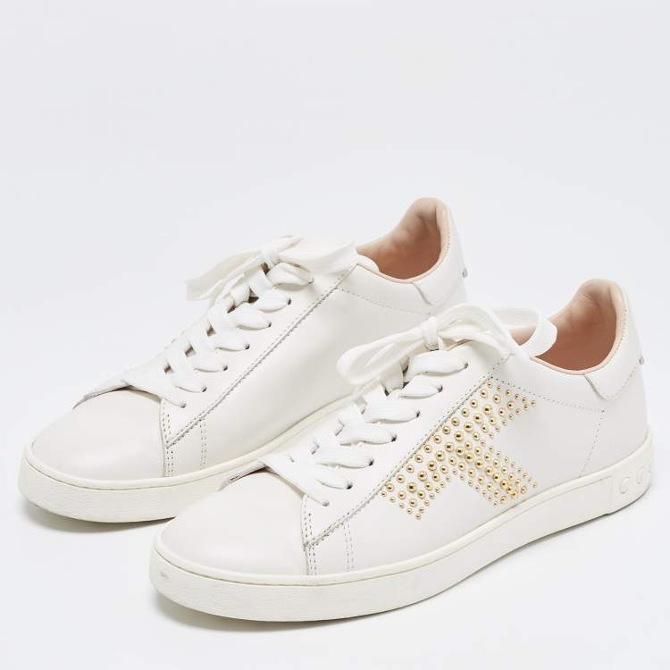 Pre Owned Tod's White Leather Studded T Low Top Sneakers Size 36