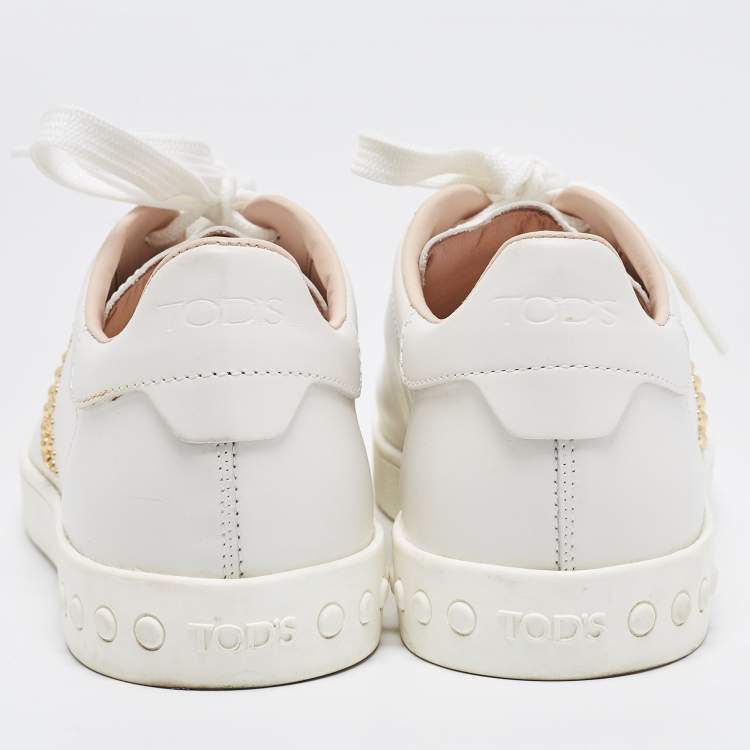 Pre Owned Tod's White Leather Studded T Low Top Sneakers Size 36