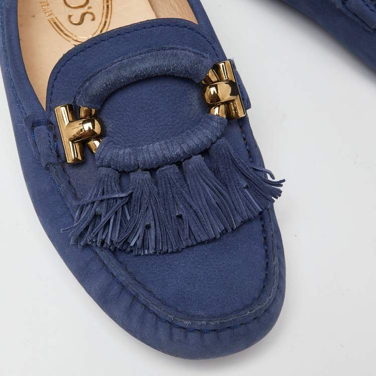 Pre Owned Tod's Blue Suede Fringe Slip On Loafers Size 35