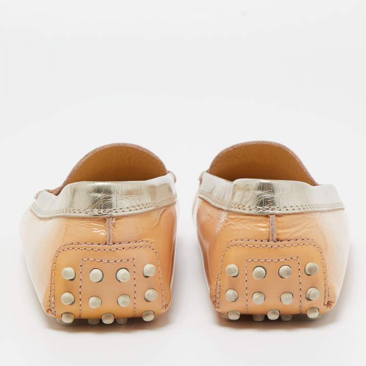 Pre Owned Tod's Beige/Gold Patent Leather Penny Slip On Loafers Size 38.5