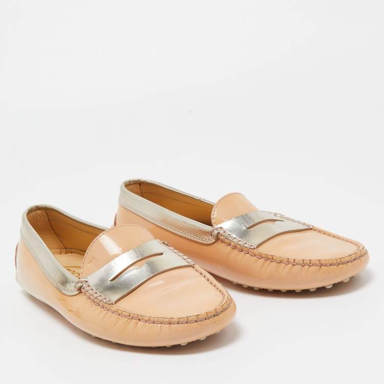 Pre Owned Tod's Beige/Gold Patent Leather Penny Slip On Loafers Size 38.5