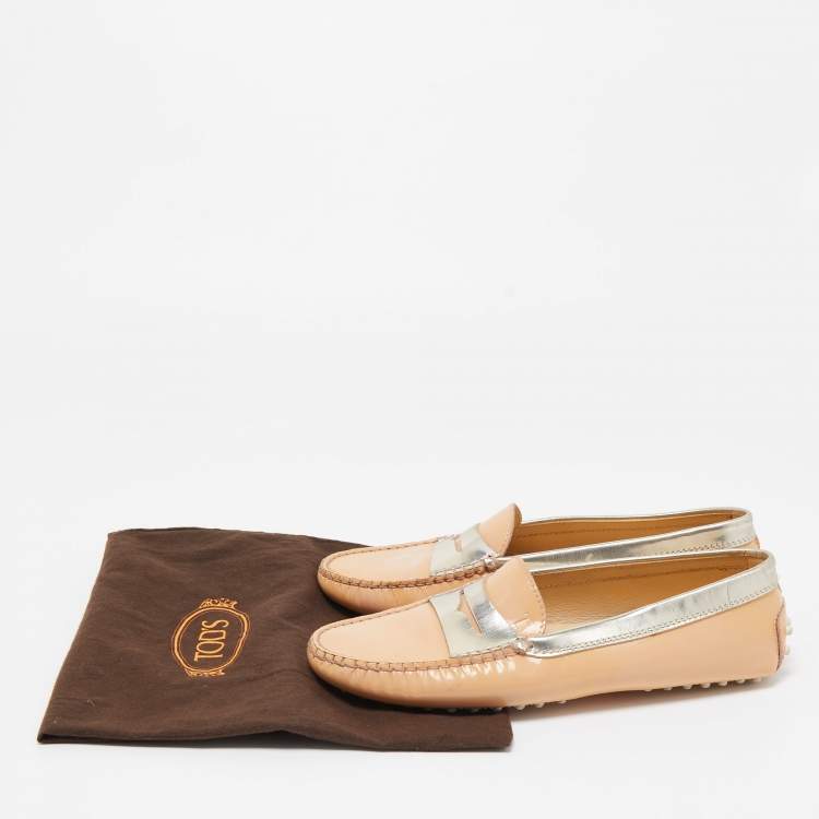 Pre Owned Tod's Beige/Gold Patent Leather Penny Slip On Loafers Size 38.5