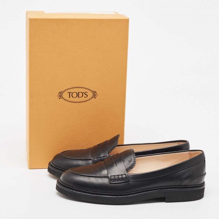 Pre Owned Tod's Black Leather Penny Slip On Loafers Size 38.5