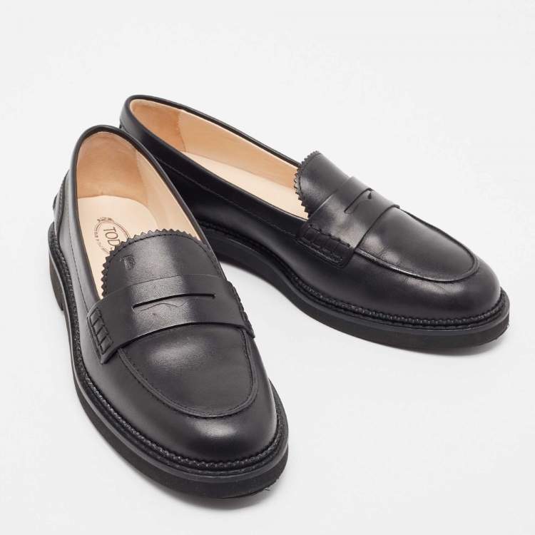 Pre Owned Tod's Black Leather Penny Slip On Loafers Size 38.5