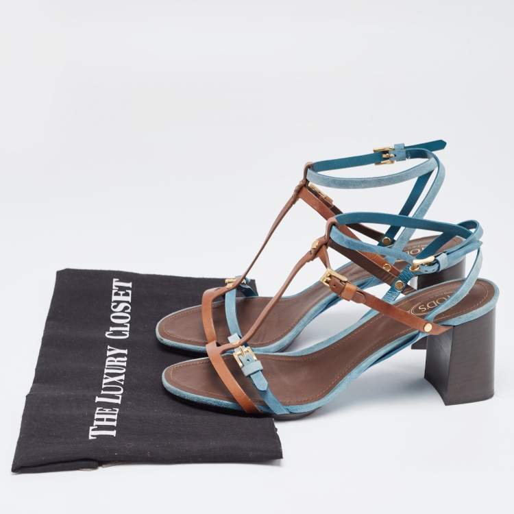Pre Owned Tod's Blue/Brown Leather and Suede Buckle Cross Strap Sandals Size 39