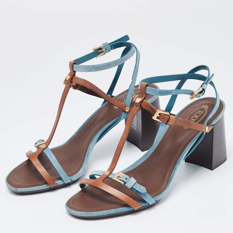 Pre Owned Tod's Blue/Brown Leather and Suede Buckle Cross Strap Sandals Size 39