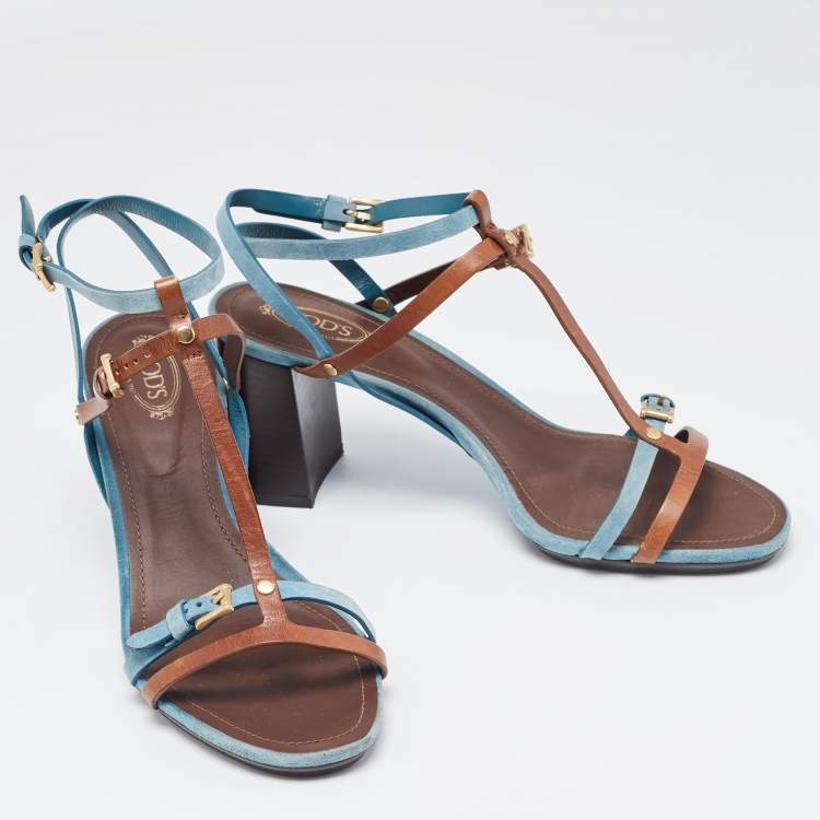 Pre Owned Tod's Blue/Brown Leather and Suede Buckle Cross Strap Sandals Size 39