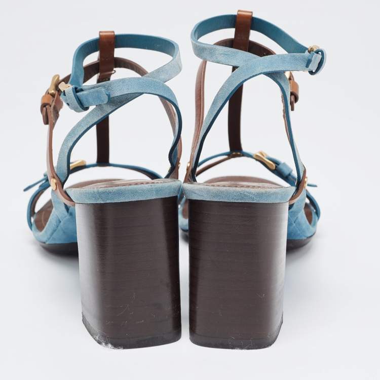 Pre Owned Tod's Blue/Brown Leather and Suede Buckle Cross Strap Sandals Size 39