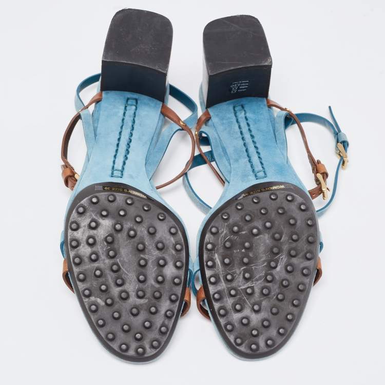 Pre Owned Tod's Blue/Brown Leather and Suede Buckle Cross Strap Sandals Size 39