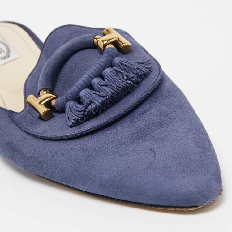 Pre Owned Tod's Blue Leather Tassel Detail Mules Size 40