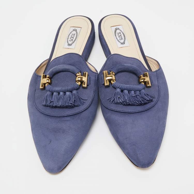 Pre Owned Tod's Blue Leather Tassel Detail Mules Size 40