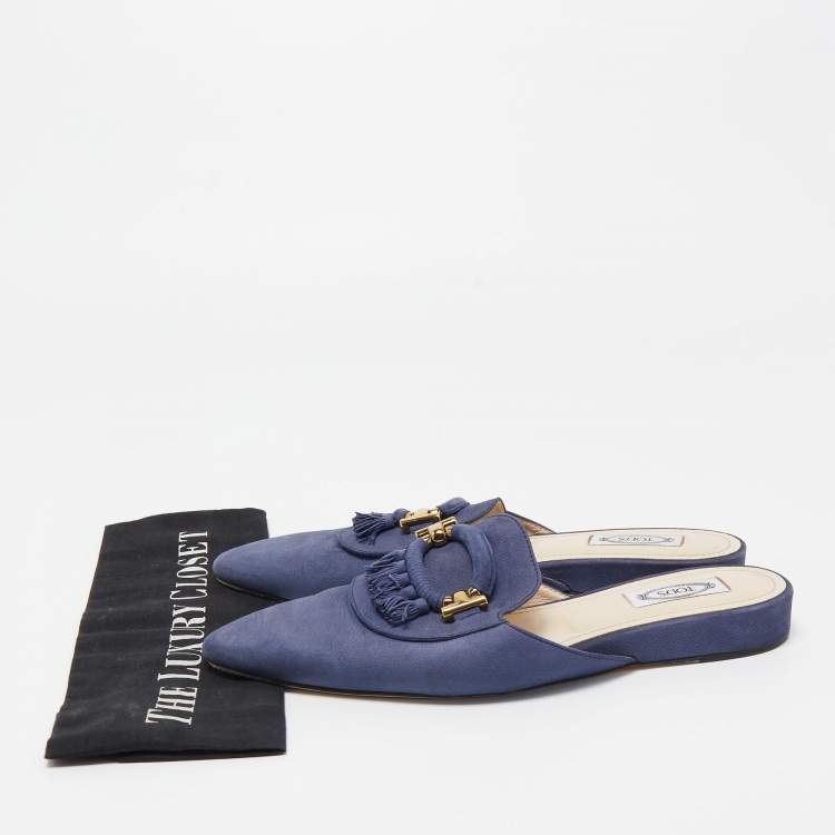 Pre Owned Tod's Blue Leather Tassel Detail Mules Size 40