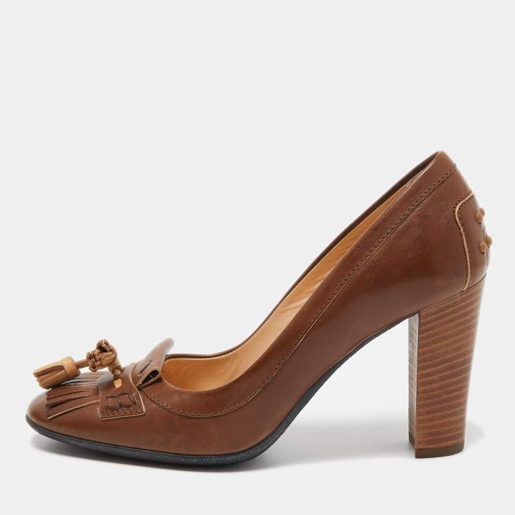 Pre Owned Tod's Brown Leather Tassel Fringe Detail Loafers Pumps Size 36.5