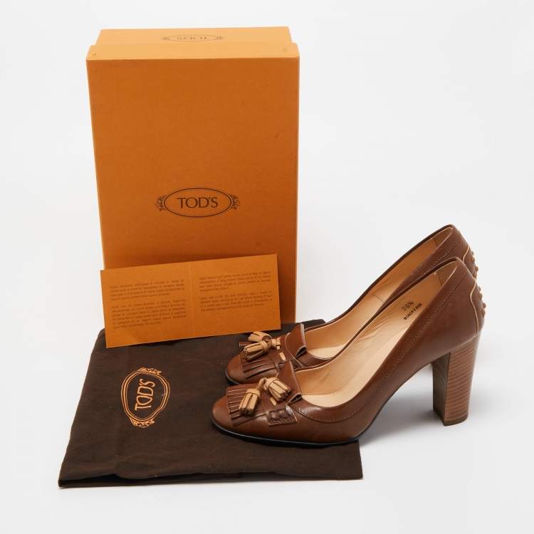 Pre Owned Tod's Brown Leather Tassel Fringe Detail Loafers Pumps Size 36.5