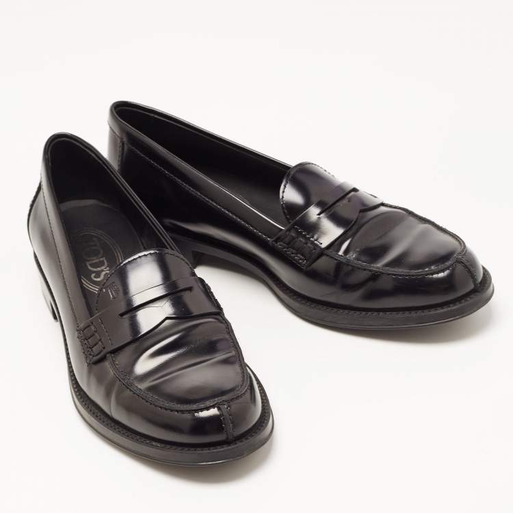 Pre Owned Tod's Black Leather Penny Slip On Loafers Size 35.5