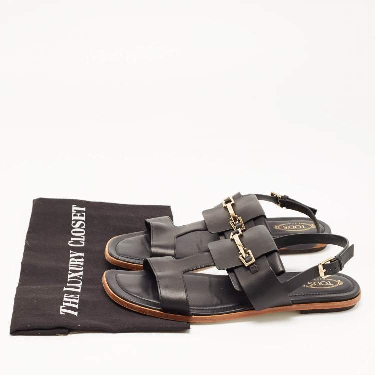 Pre Owned Tod's Black Leather Double Strap Horsebit Sandals Size 40