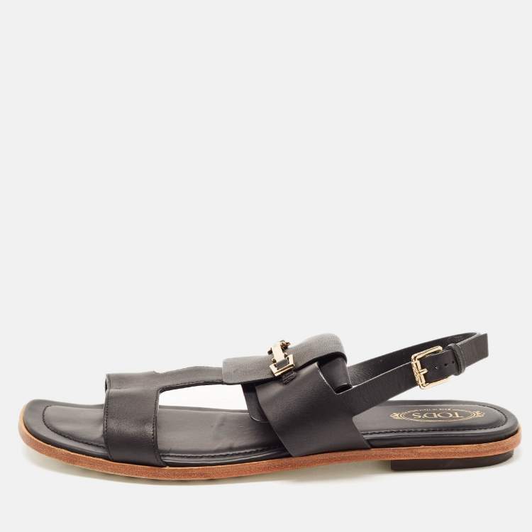 Pre Owned Tod's Black Leather Double Strap Horsebit Sandals Size 40