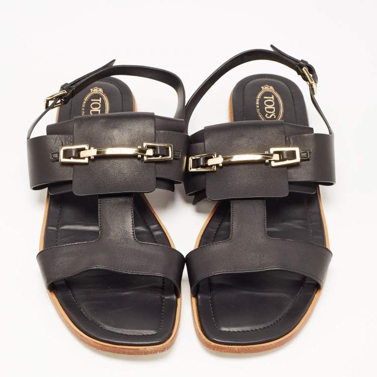Pre Owned Tod's Black Leather Double Strap Horsebit Sandals Size 40
