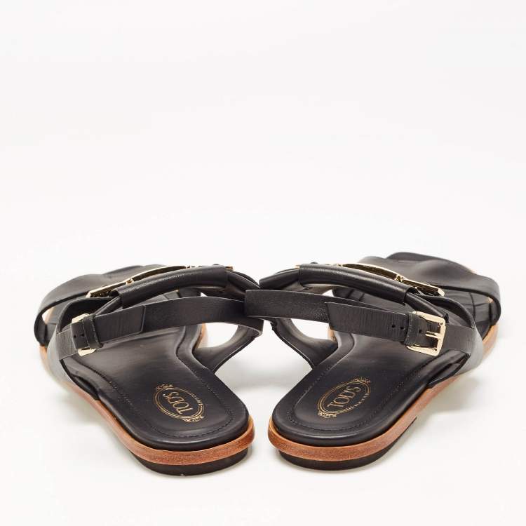 Pre Owned Tod's Black Leather Double Strap Horsebit Sandals Size 40