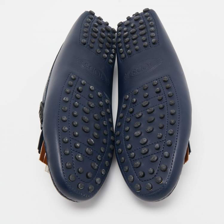Pre Owned Tod's Blue Leather Fringe Detail Slip On Loafers Size 36
