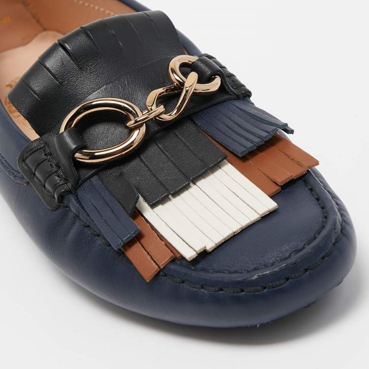 Pre Owned Tod's Blue Leather Fringe Detail Slip On Loafers Size 36