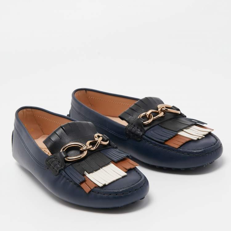Pre Owned Tod's Blue Leather Fringe Detail Slip On Loafers Size 36