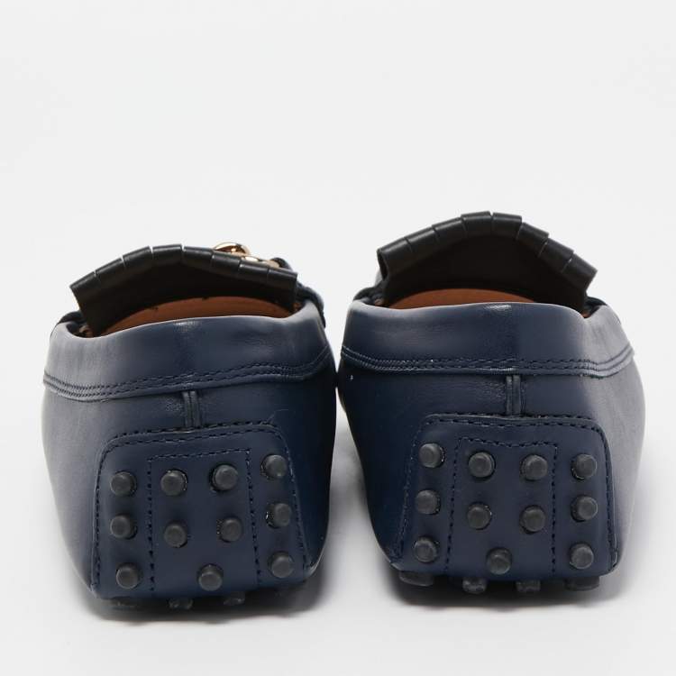 Pre Owned Tod's Blue Leather Fringe Detail Slip On Loafers Size 36