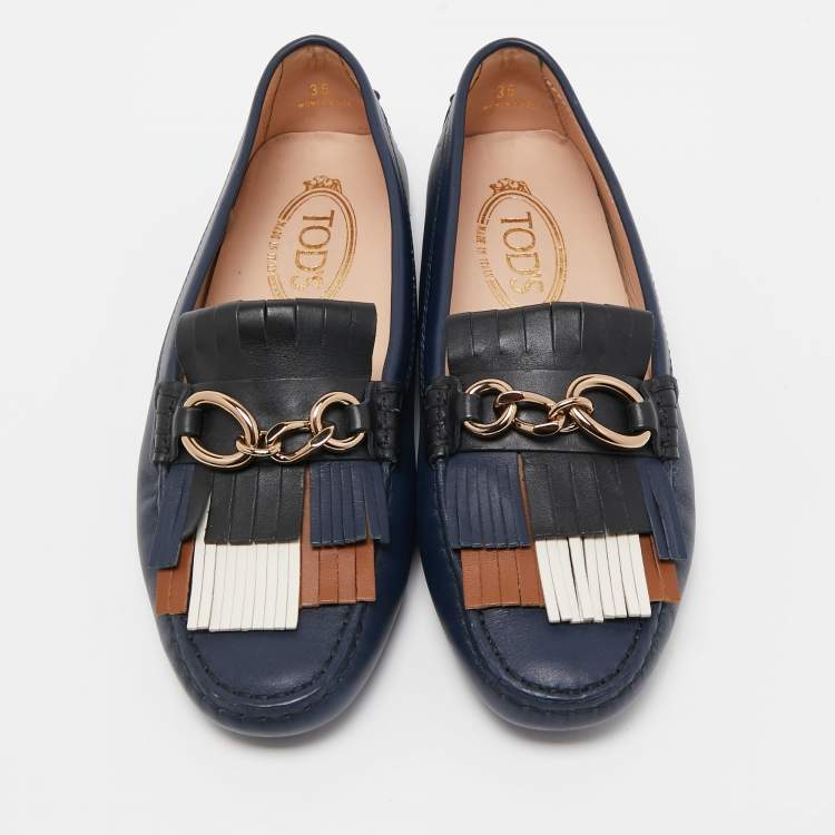 Pre Owned Tod's Blue Leather Fringe Detail Slip On Loafers Size 36