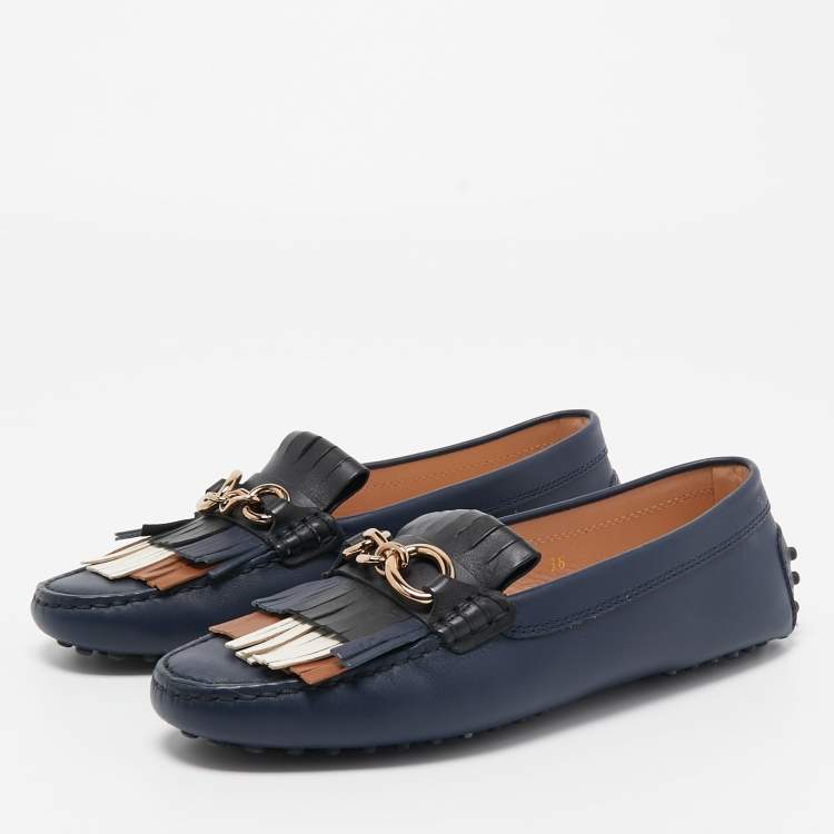 Pre Owned Tod's Blue Leather Fringe Detail Slip On Loafers Size 36
