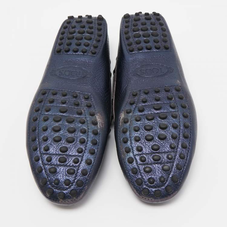 Pre Owned Tod's Blue Leather Gommino Bow Slip On Loafers Size 36.5