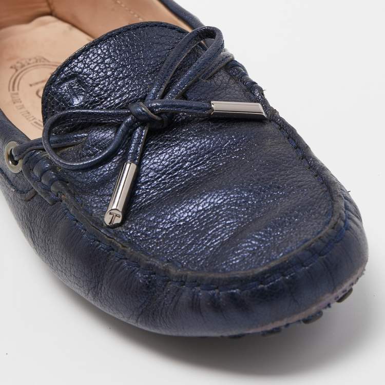 Pre Owned Tod's Blue Leather Gommino Bow Slip On Loafers Size 36.5