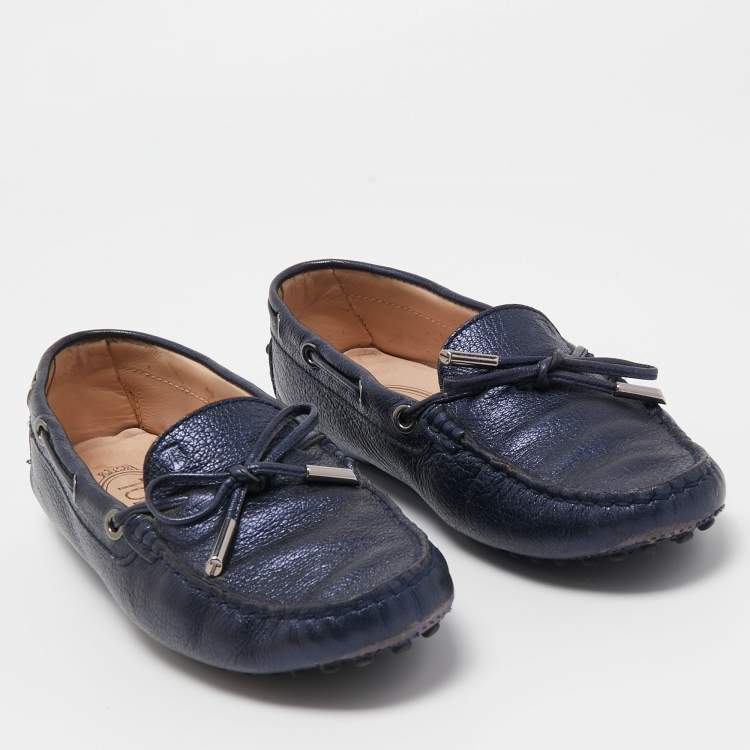 Pre Owned Tod's Blue Leather Gommino Bow Slip On Loafers Size 36.5