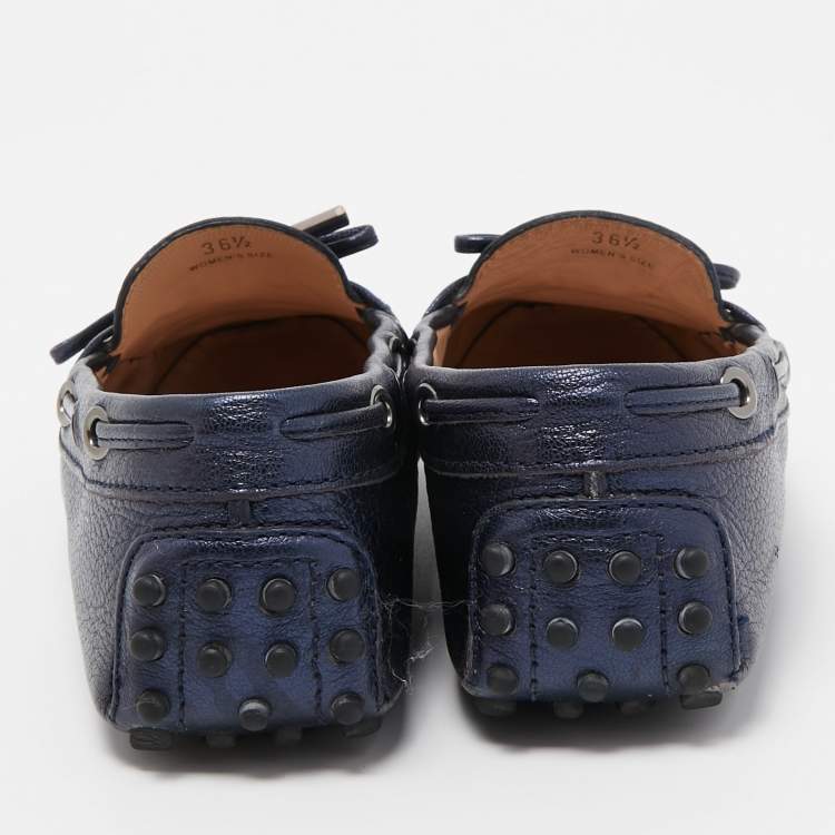 Pre Owned Tod's Blue Leather Gommino Bow Slip On Loafers Size 36.5