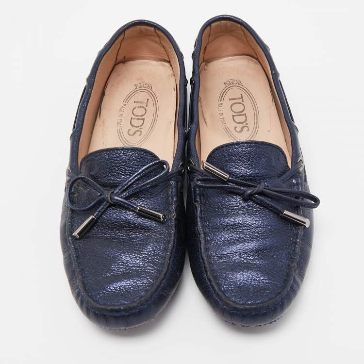 Pre Owned Tod's Blue Leather Gommino Bow Slip On Loafers Size 36.5