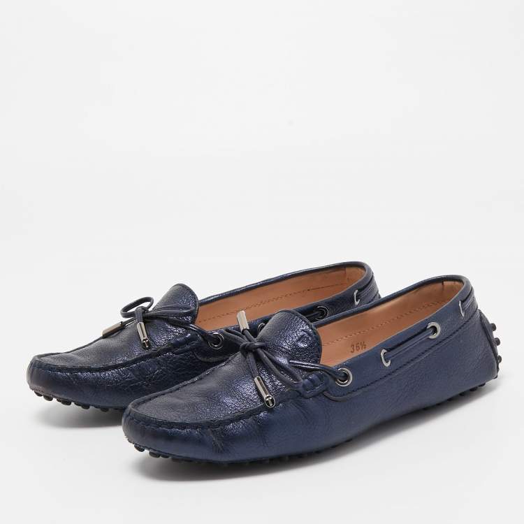 Pre Owned Tod's Blue Leather Gommino Bow Slip On Loafers Size 36.5