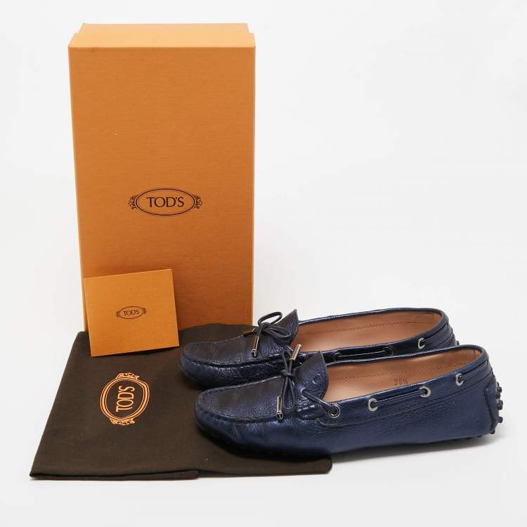 Pre Owned Tod's Blue Leather Gommino Bow Slip On Loafers Size 36.5