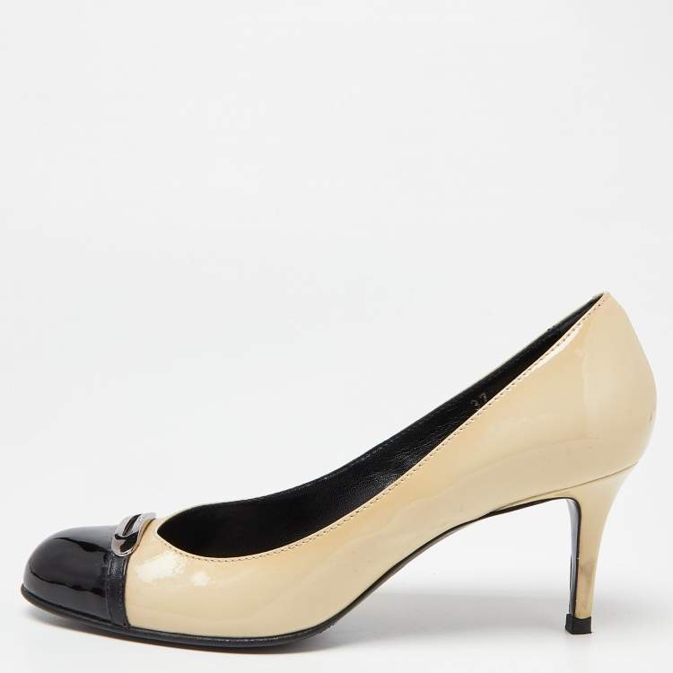 Tod's Beige/Black Patent Leather Cap Toe Pumps Size 37 Tod's
