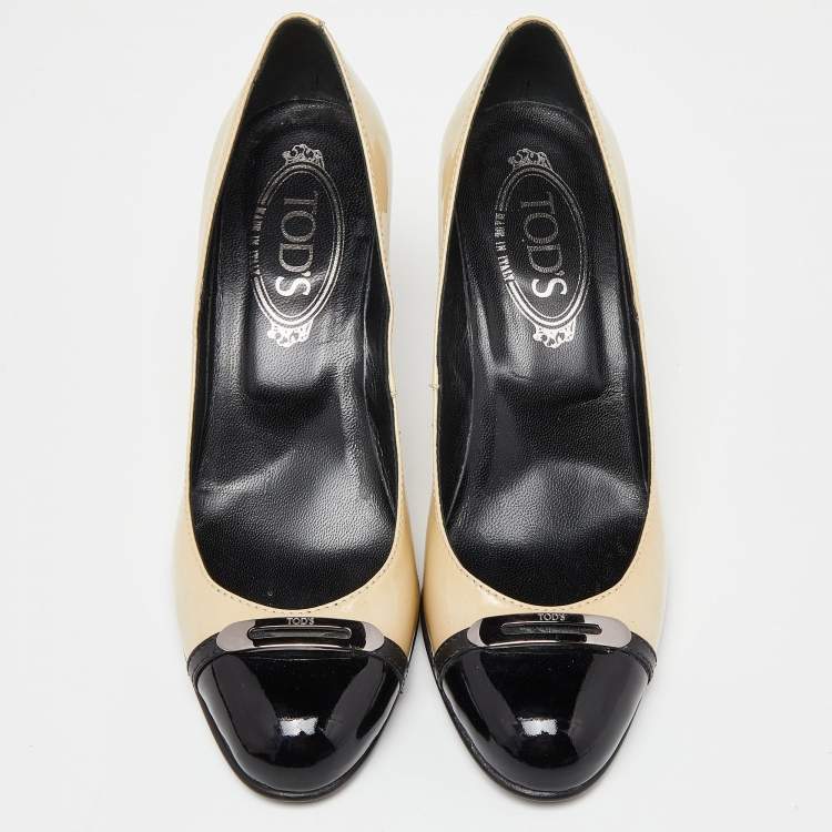Pre Owned Tod's Beige/Black Patent Leather Cap Toe Pumps Size 37