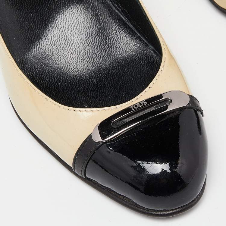 Pre Owned Tod's Beige/Black Patent Leather Cap Toe Pumps Size 37
