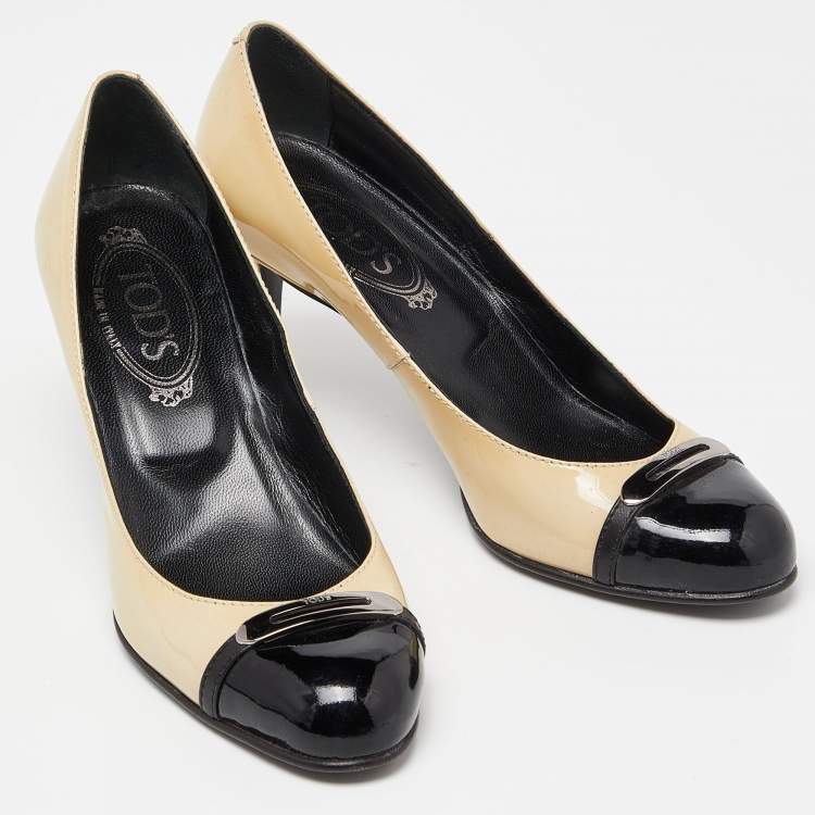 Pre Owned Tod's Beige/Black Patent Leather Cap Toe Pumps Size 37