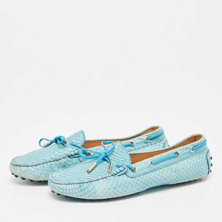 Pre Owned Tod's Blue Python Bow Slip On Loafers Size 40