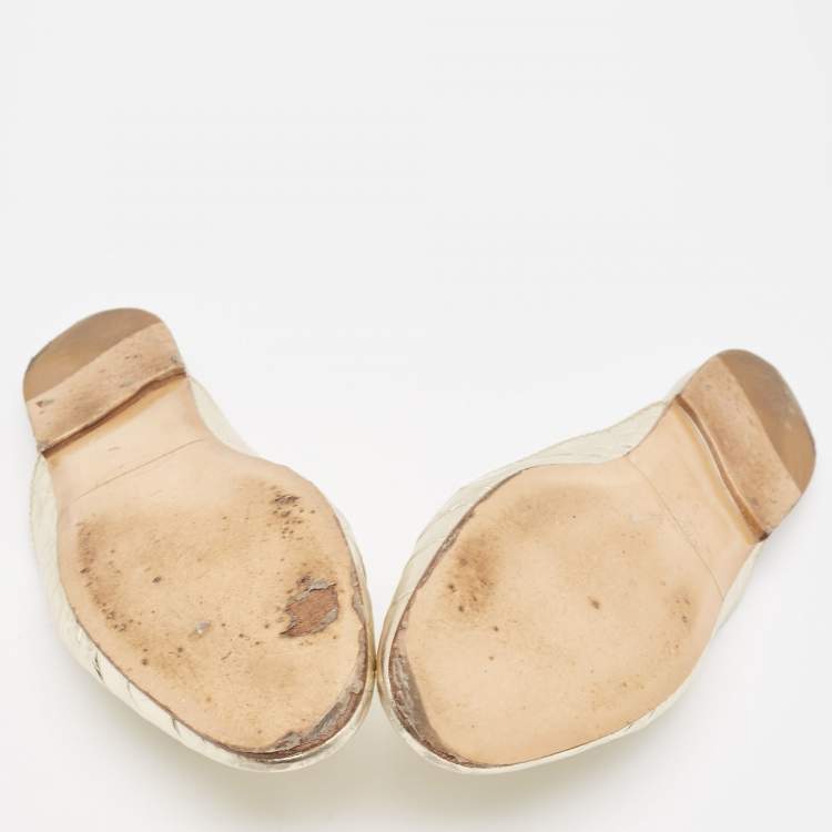 Pre Owned Tod's Metallic Gold Croc Embossed Leather Double T Mules Size 38